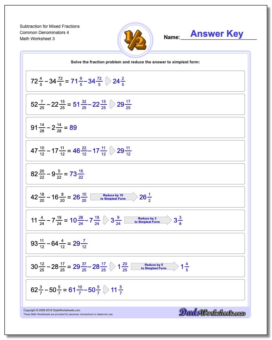 Subtraction Worksheet for Mixed Fraction Worksheets Common Denominators 4