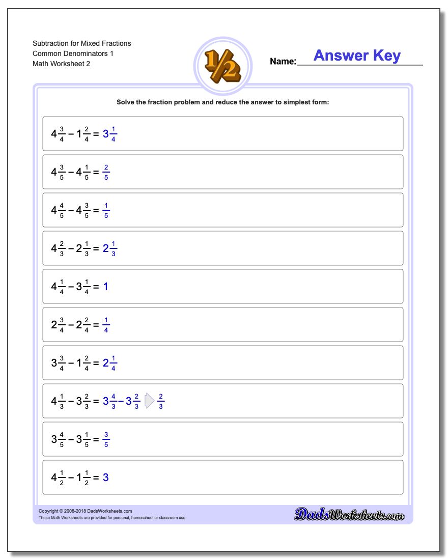Subtraction Worksheet for Mixed Fraction Worksheets Common Denominators 1 www.dadsworksheets.com/worksheets/fraction-subtraction.html