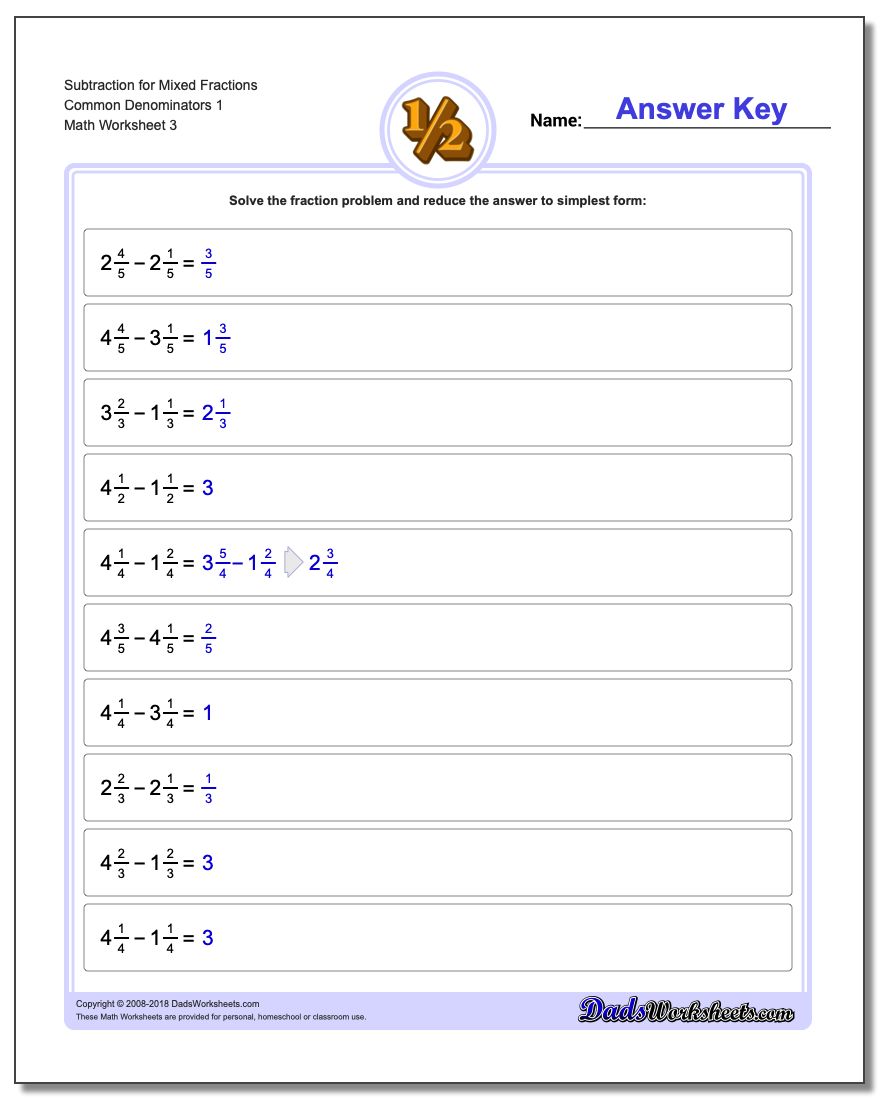 Subtraction Worksheet for Mixed Fraction Worksheets Common Denominators 1