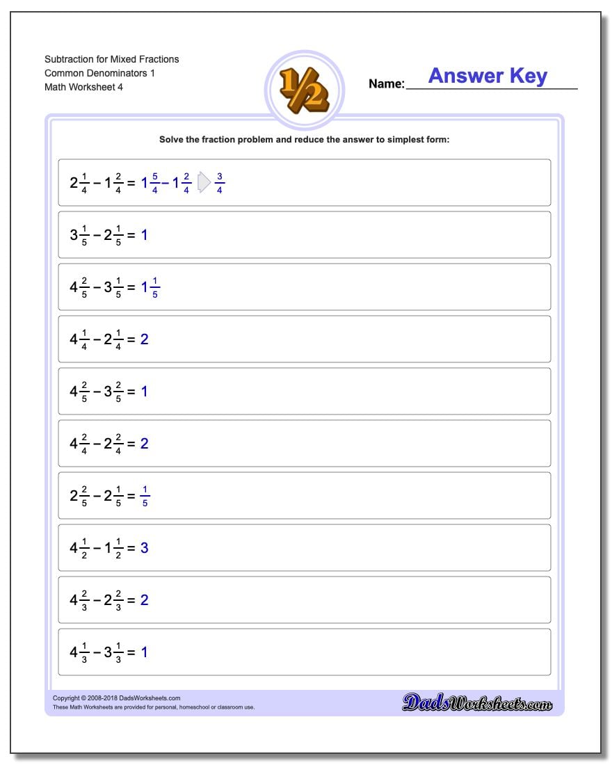 Subtraction Worksheet for Mixed Fraction Worksheets Common Denominators 1