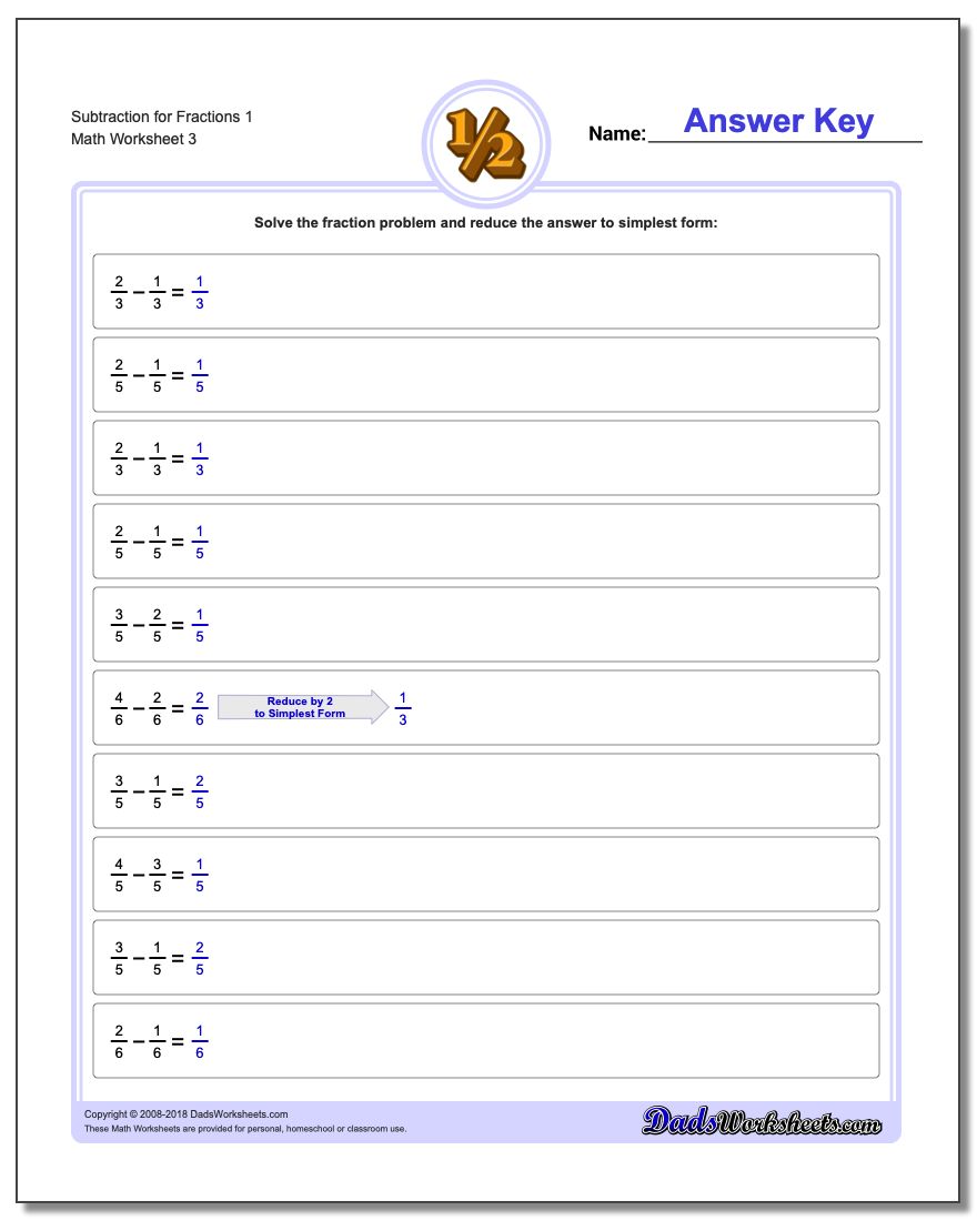 Subtraction Worksheet for Fraction Worksheets 1