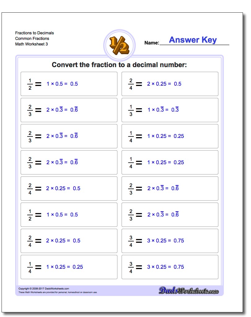 Decimal To Fraction Worksheet