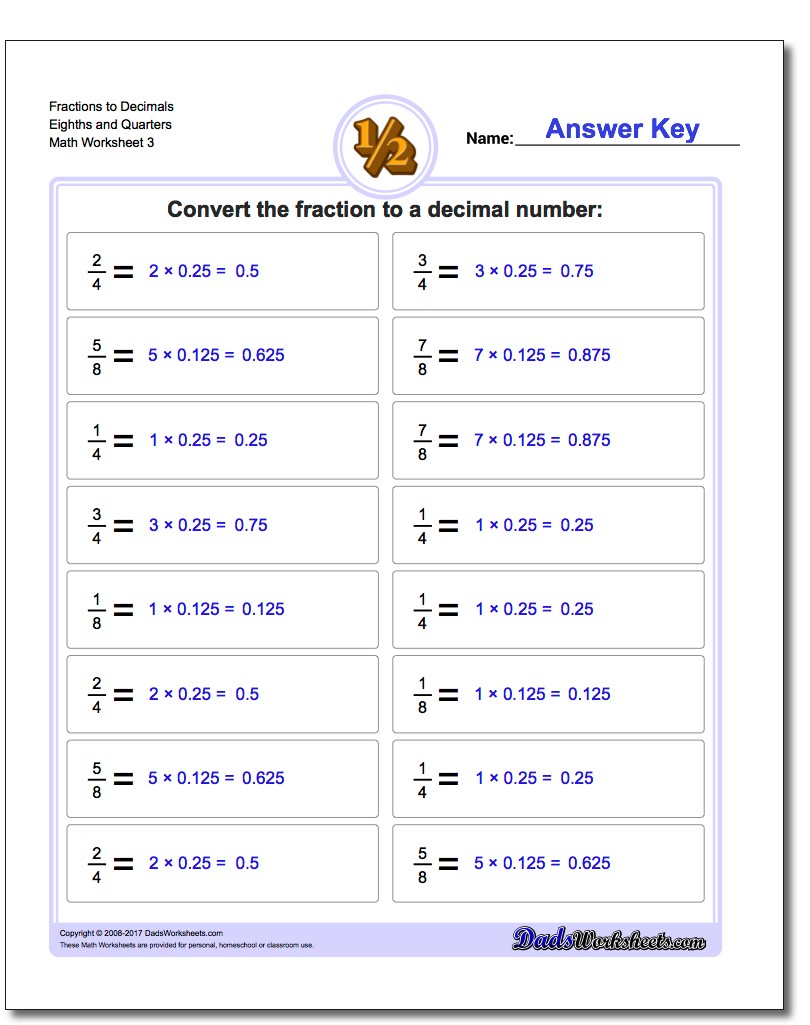 Fraction Worksheets to Decimals Eighths and Quarters