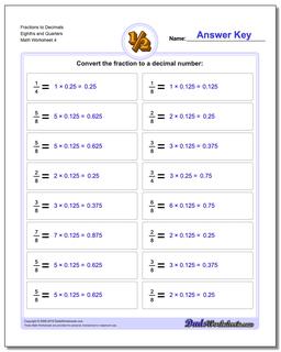 Fraction Worksheets to Decimals Eighths and Quarters