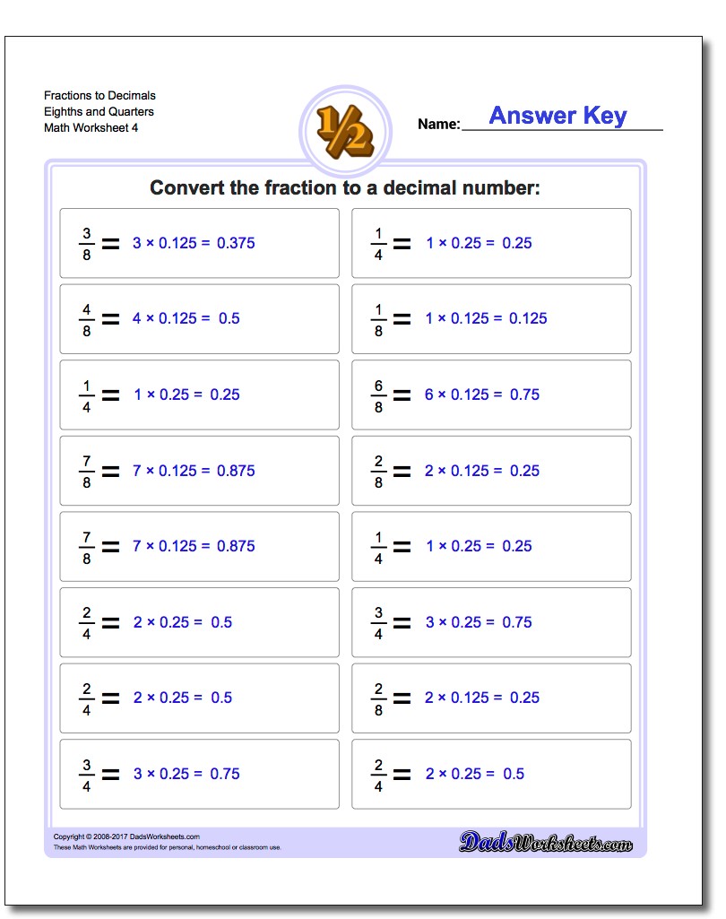 Fraction Worksheets to Decimals Eighths and Quarters