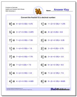 Fraction Worksheets to Decimals Eighths and Quarters With Wholes /worksheets/fractions-as-decimals.html