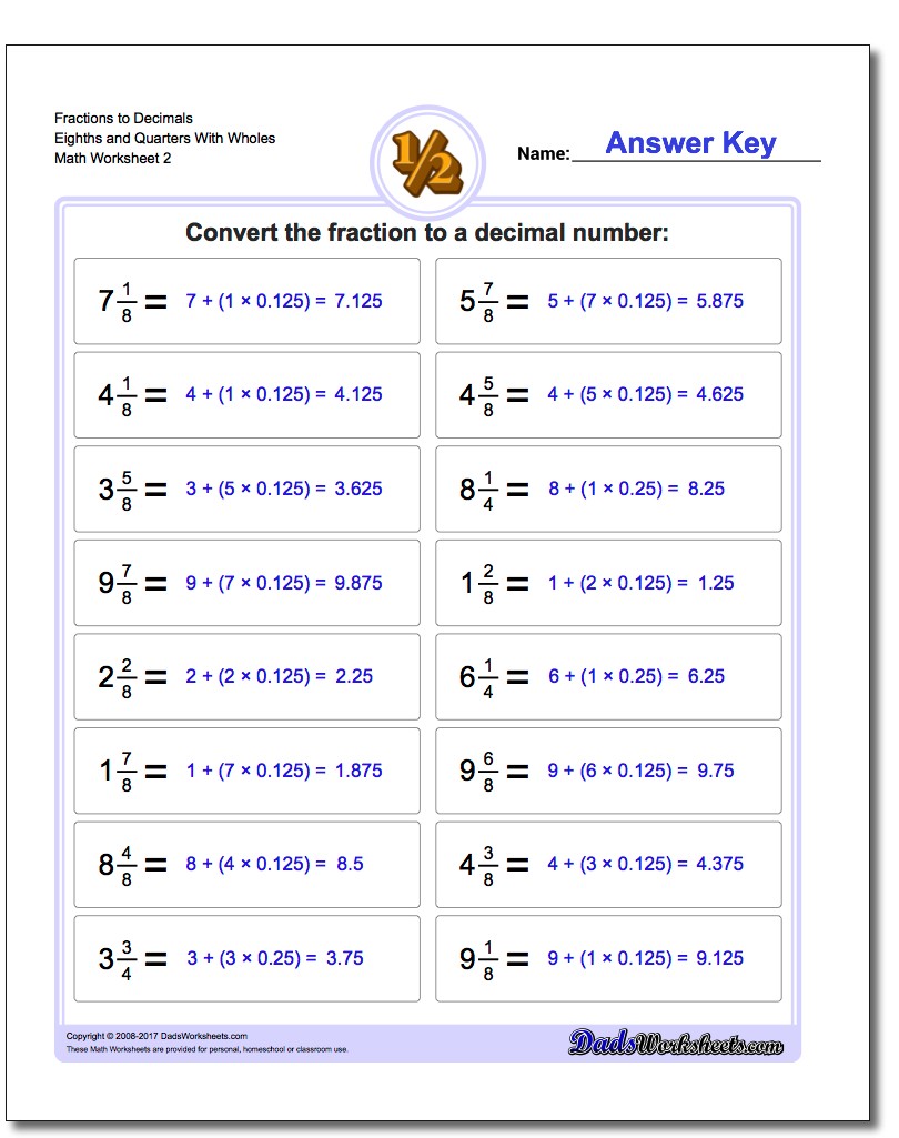 Fraction Worksheets to Decimals Eighths and Quarters With Wholes www.dadsworksheets.com/worksheets/fractions-as-decimals.html