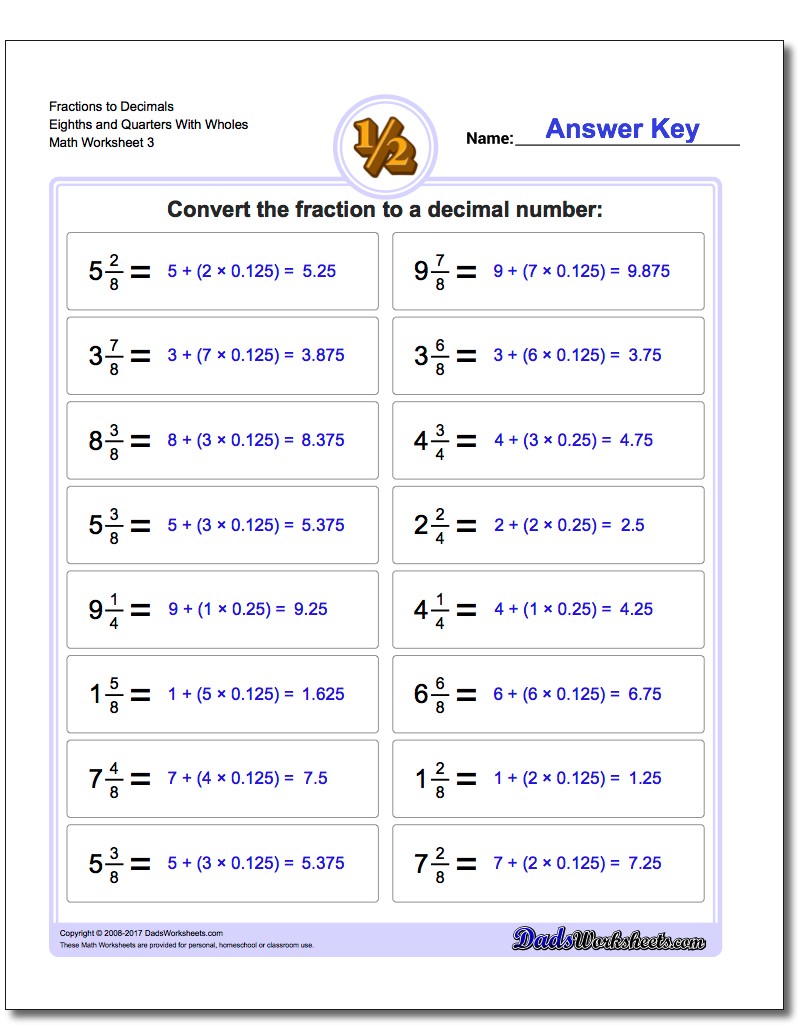 Fraction Worksheets to Decimals Eighths and Quarters With Wholes