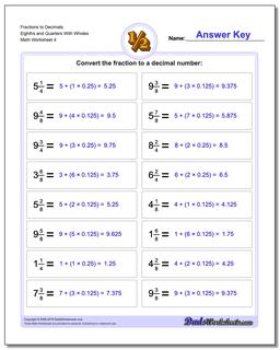 Fraction Worksheets to Decimals Eighths and Quarters With Wholes