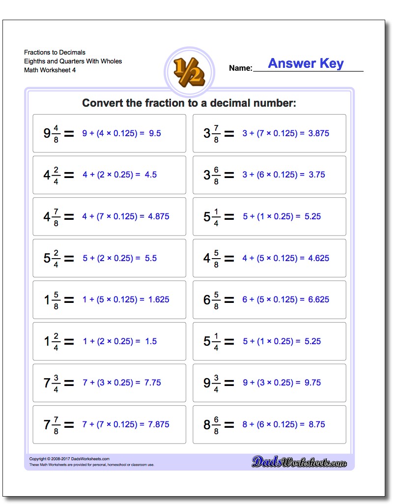Fraction Worksheets to Decimals Eighths and Quarters With Wholes