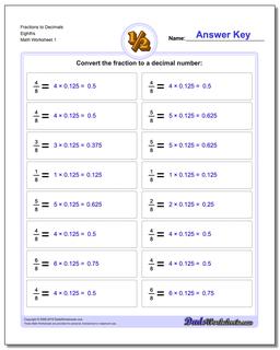 Fraction Worksheets as Decimals to Eighths