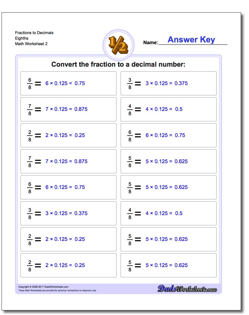 Fraction Worksheets to Decimals Eighths www.dadsworksheets.com/worksheets/fractions-as-decimals.html