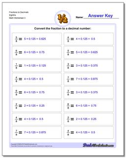 Fraction Worksheets to Decimals Eighths