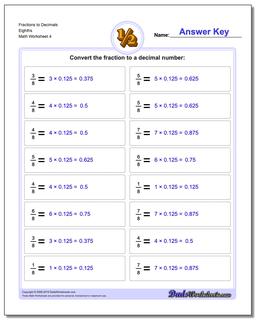 Fraction Worksheets to Decimals Eighths