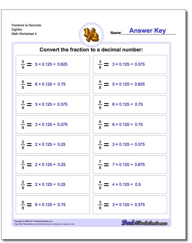Fraction Worksheets to Decimals Eighths