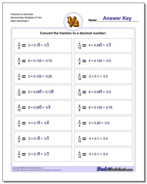 Fraction To Decimal Drills Fraction To Decimal Drills