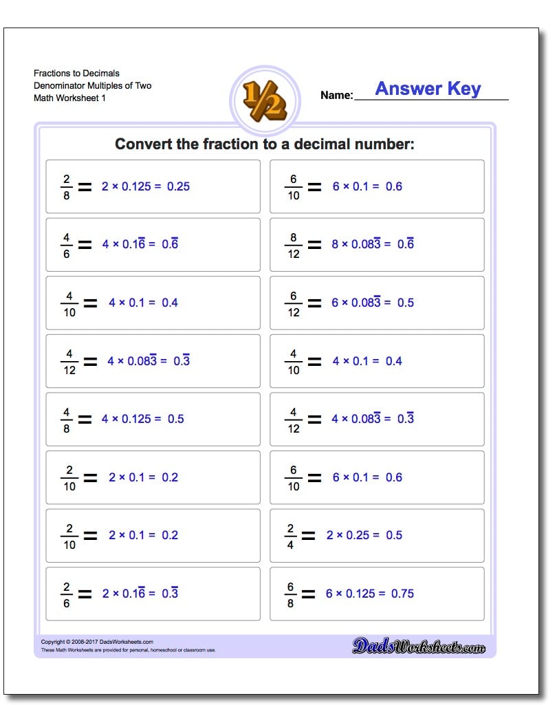 convert fraction to decimal drills multiples of two v1