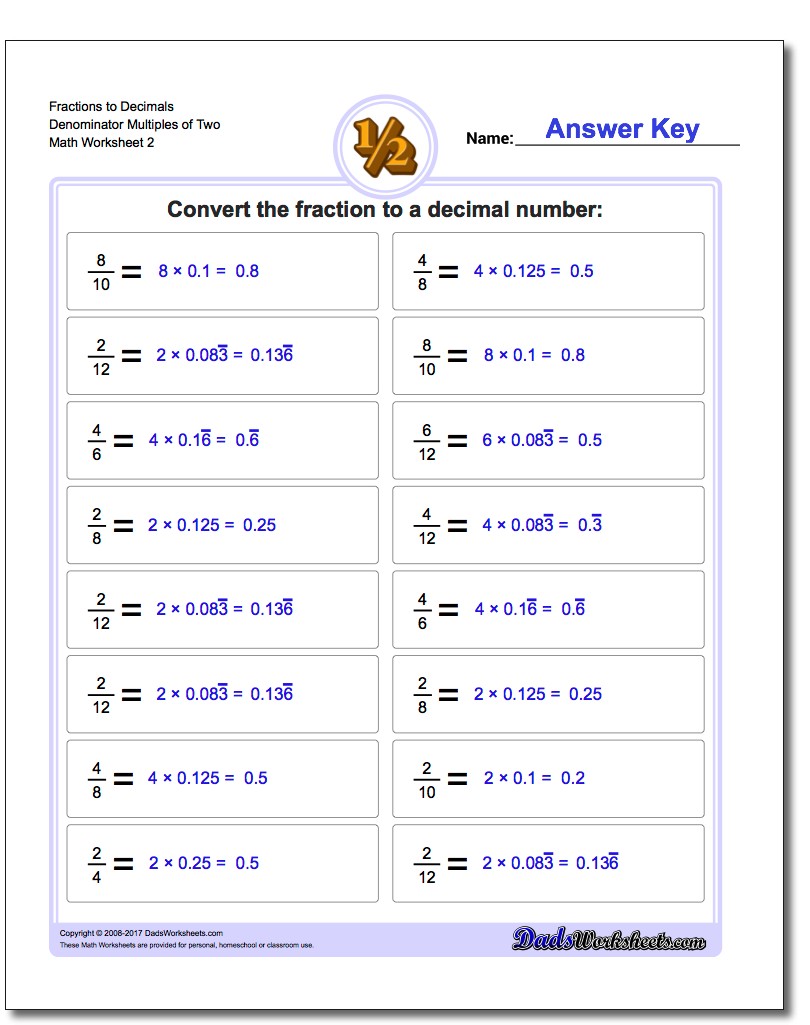Fraction Worksheets to Decimals Denominator Multiples of Two www.dadsworksheets.com/worksheets/fractions-as-decimals.html