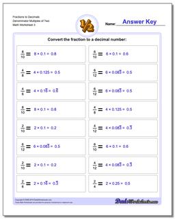 Fraction Worksheets to Decimals Denominator Multiples of Two