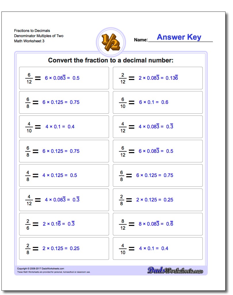 Fraction Worksheets to Decimals Denominator Multiples of Two