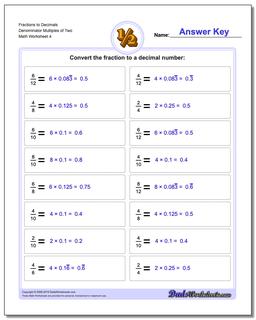 Fraction Worksheets to Decimals Denominator Multiples of Two