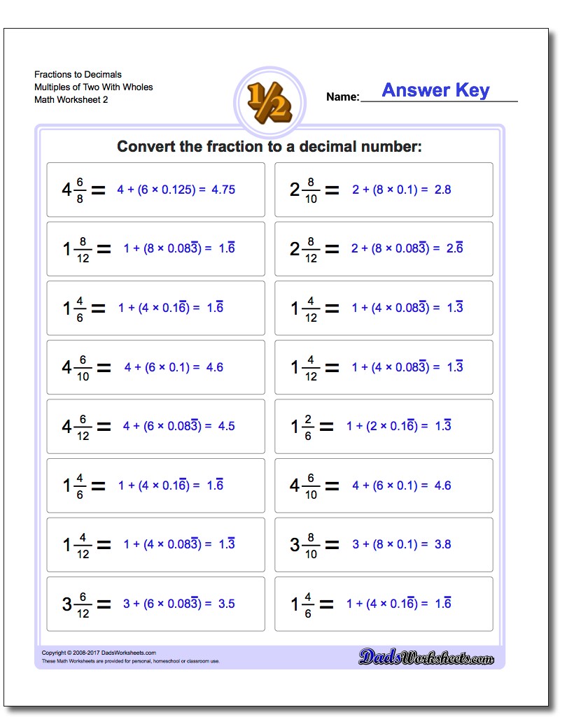 Fraction Worksheets to Decimals Multiples of Two With Wholes www.dadsworksheets.com/worksheets/fractions-as-decimals.html