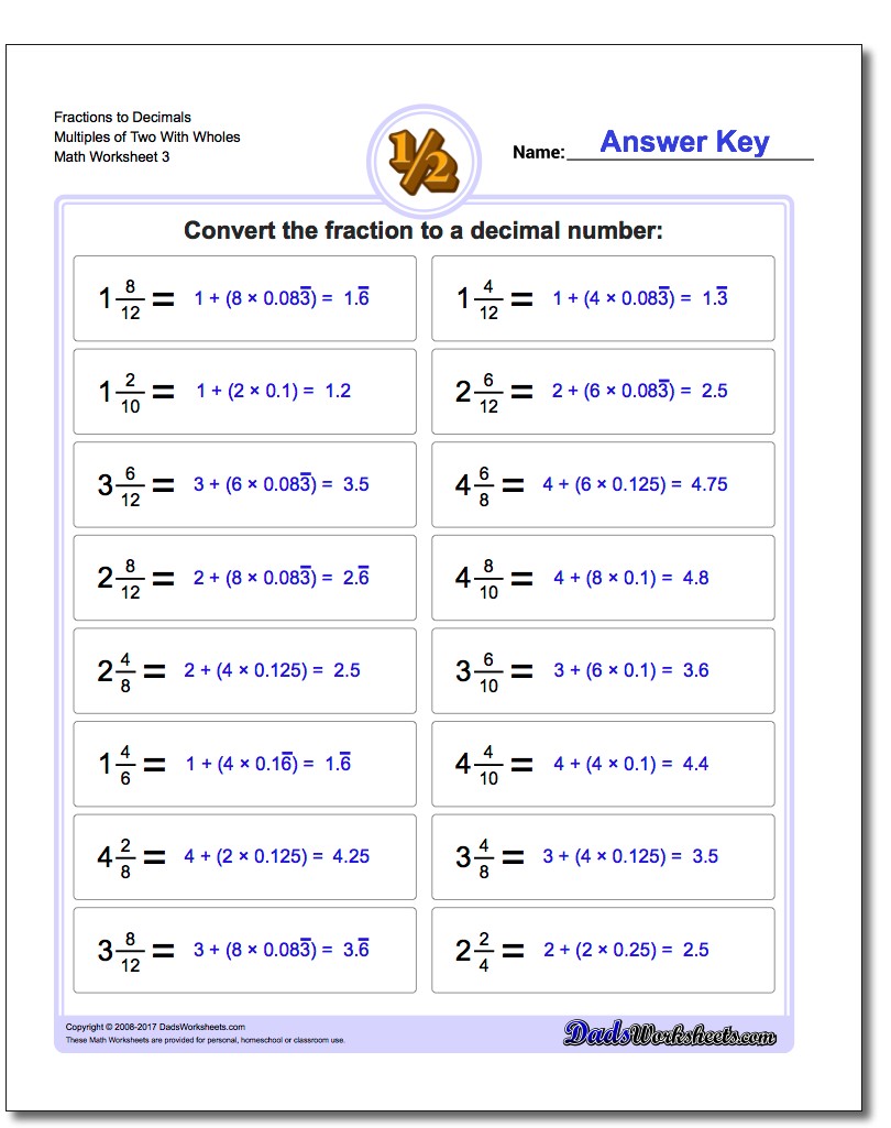 Fraction To Decimal Drills