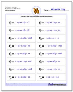 Fraction Worksheets to Decimals Multiples of Two With Wholes