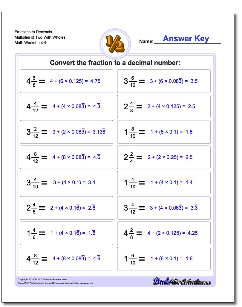 Fraction Worksheets to Decimals Multiples of Two With Wholes