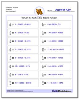 Fraction Worksheets as Decimals to Sixteenths