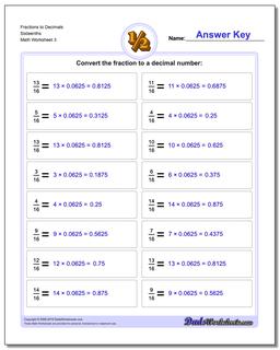 Fraction Worksheets to Decimals Sixteenths