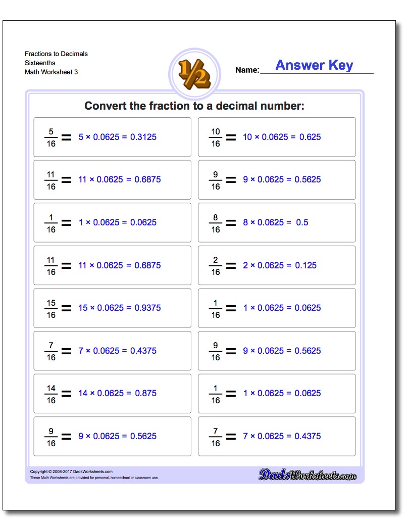Fraction Worksheets to Decimals Sixteenths