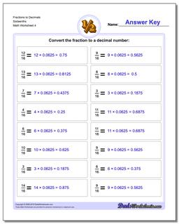 Fraction Worksheets to Decimals Sixteenths