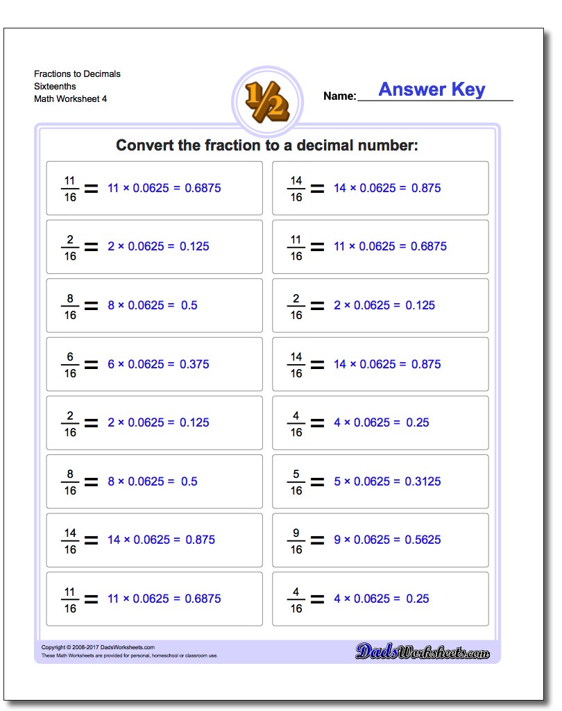 Fraction Worksheets to Decimals Sixteenths
