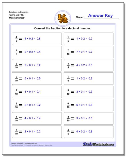 Fractions as Decimals: Fraction to Decimal Drills
