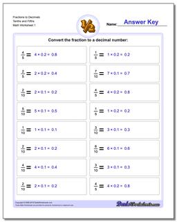Fraction Worksheets as Decimals to Tenths and Fifths