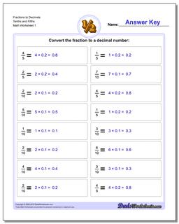 Fraction Worksheets as Decimals to Tenths and Fifths