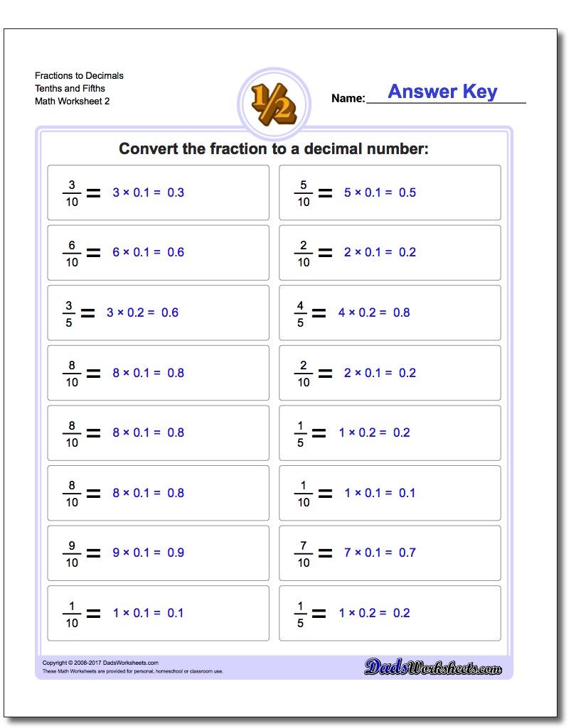 Fraction Worksheets to Decimals Tenths and Fifths www.dadsworksheets.com/worksheets/fractions-as-decimals.html