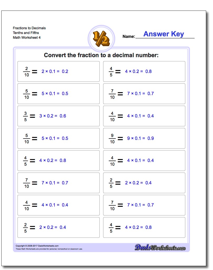 Fraction Worksheets to Decimals Tenths and Fifths
