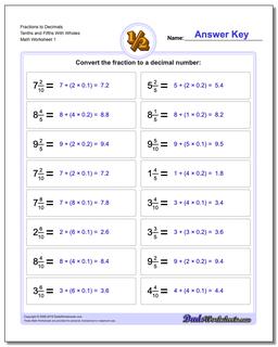 Fraction Worksheets as Decimals to Tenths and Fifths With Wholes