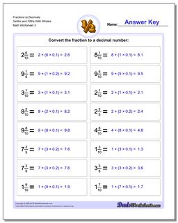 Fraction Worksheets to Decimals Tenths and Fifths With Wholes