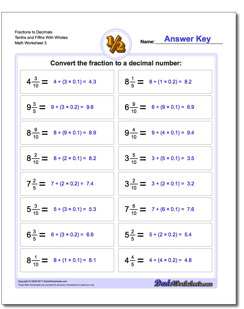 Fraction Worksheets to Decimals Tenths and Fifths With Wholes