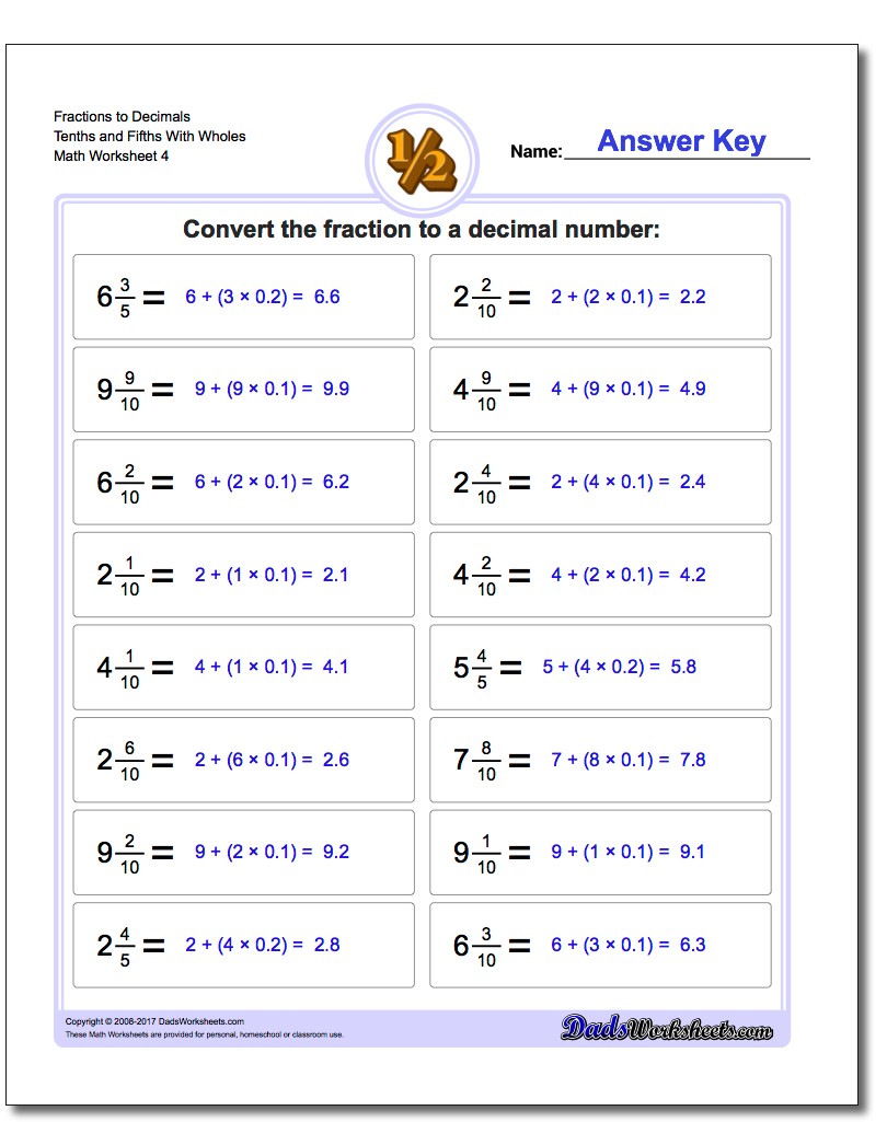 Fraction Worksheets to Decimals Tenths and Fifths With Wholes