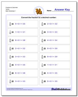 Fraction Worksheets as Decimals to Tenths