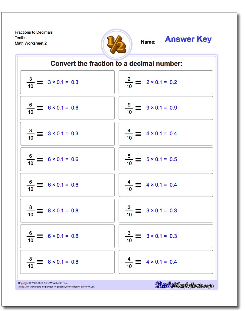 Fraction Worksheets to Decimals Tenths www.dadsworksheets.com/worksheets/fractions-as-decimals.html