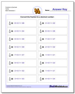 Fraction Worksheets to Decimals Tenths