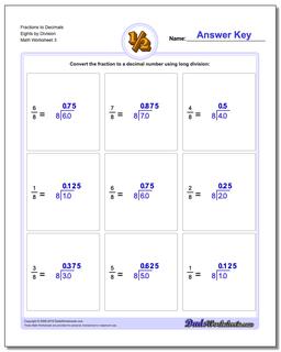Fraction Worksheets to Decimals Eights by Division Worksheet