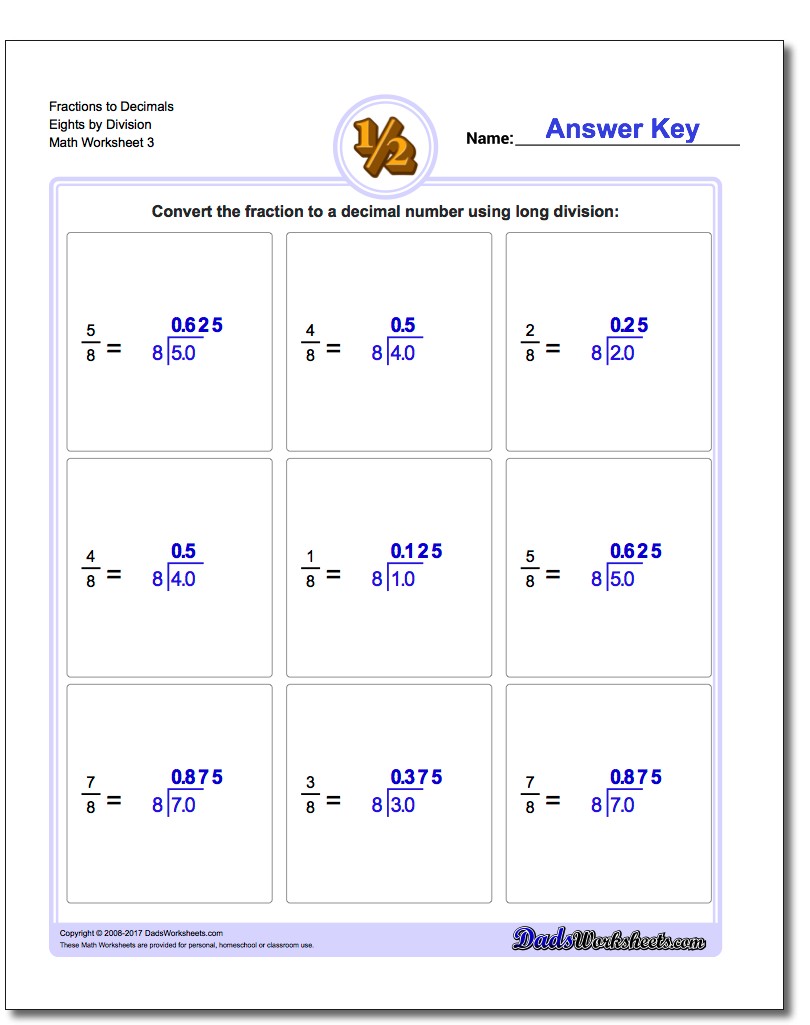 Fraction Worksheets to Decimals Eights by Division Worksheet