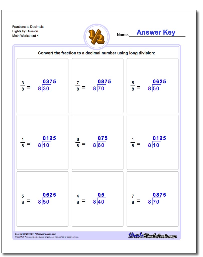 Fraction Worksheets to Decimals Eights by Division Worksheet