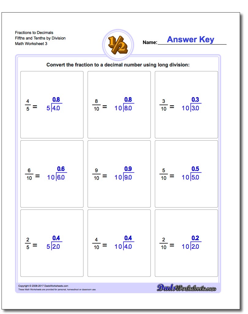 Fraction Worksheets to Decimals Fifths and Tenths by Division Worksheet